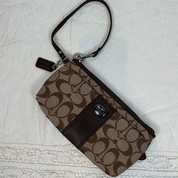 Coach Signature Tan Brown Canvas Leather Wristlet Wallet Small Purse - Picture 2 of 9